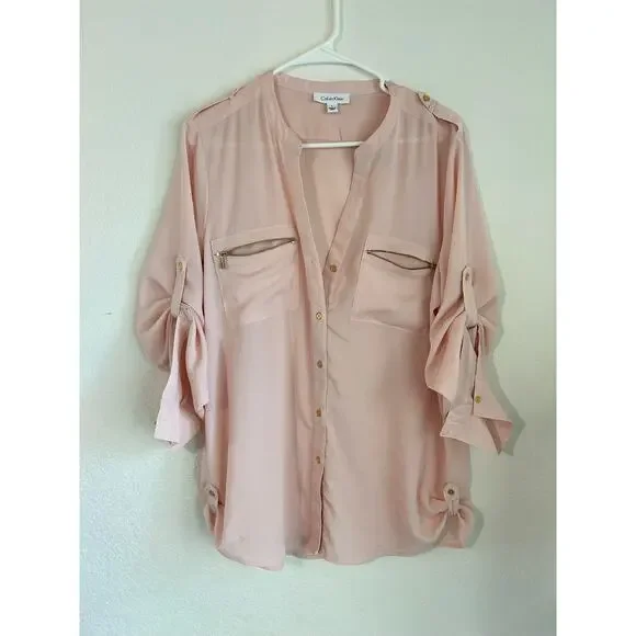 Calvin Klein Zip Pocket Utility Blouse Top Blush Pink Work Business Size Large - Picture 2 of 10